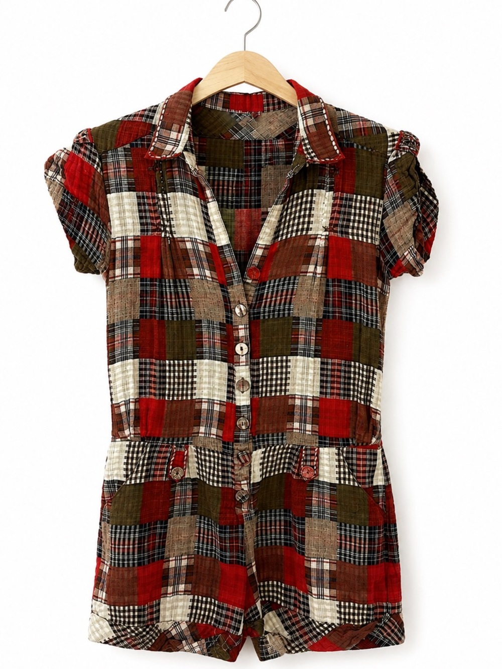 NWT Size M Patchwork Plaid Romper Short Sleeve Fall Boho Jumpsuit country chic
